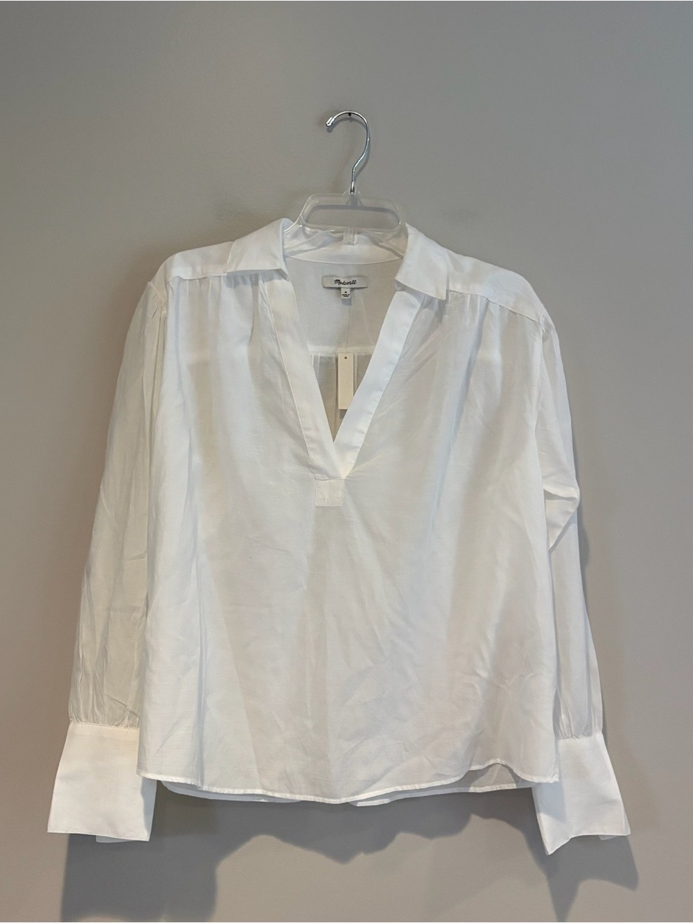 Madewell Featherlight White V-Neck Collared Long Sleeve Blouse Size M